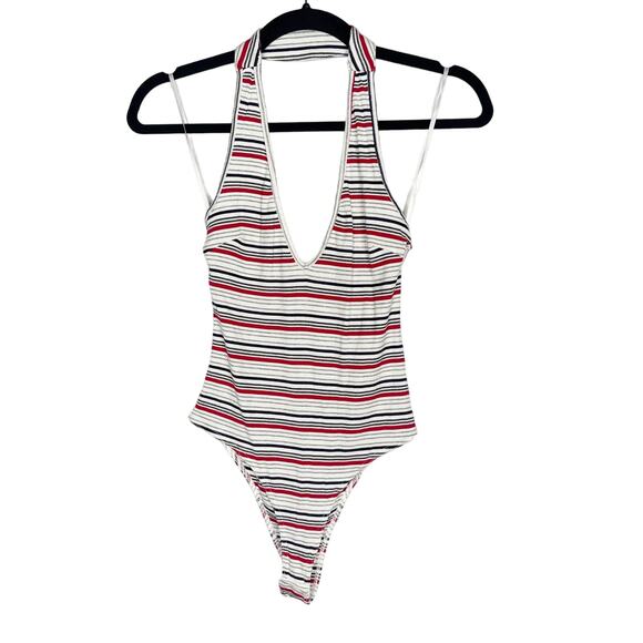 New Wild Honey M White Red Black Striped Halter Ribbed Low Back Bodysuit Cotton - Picture 1 of 11